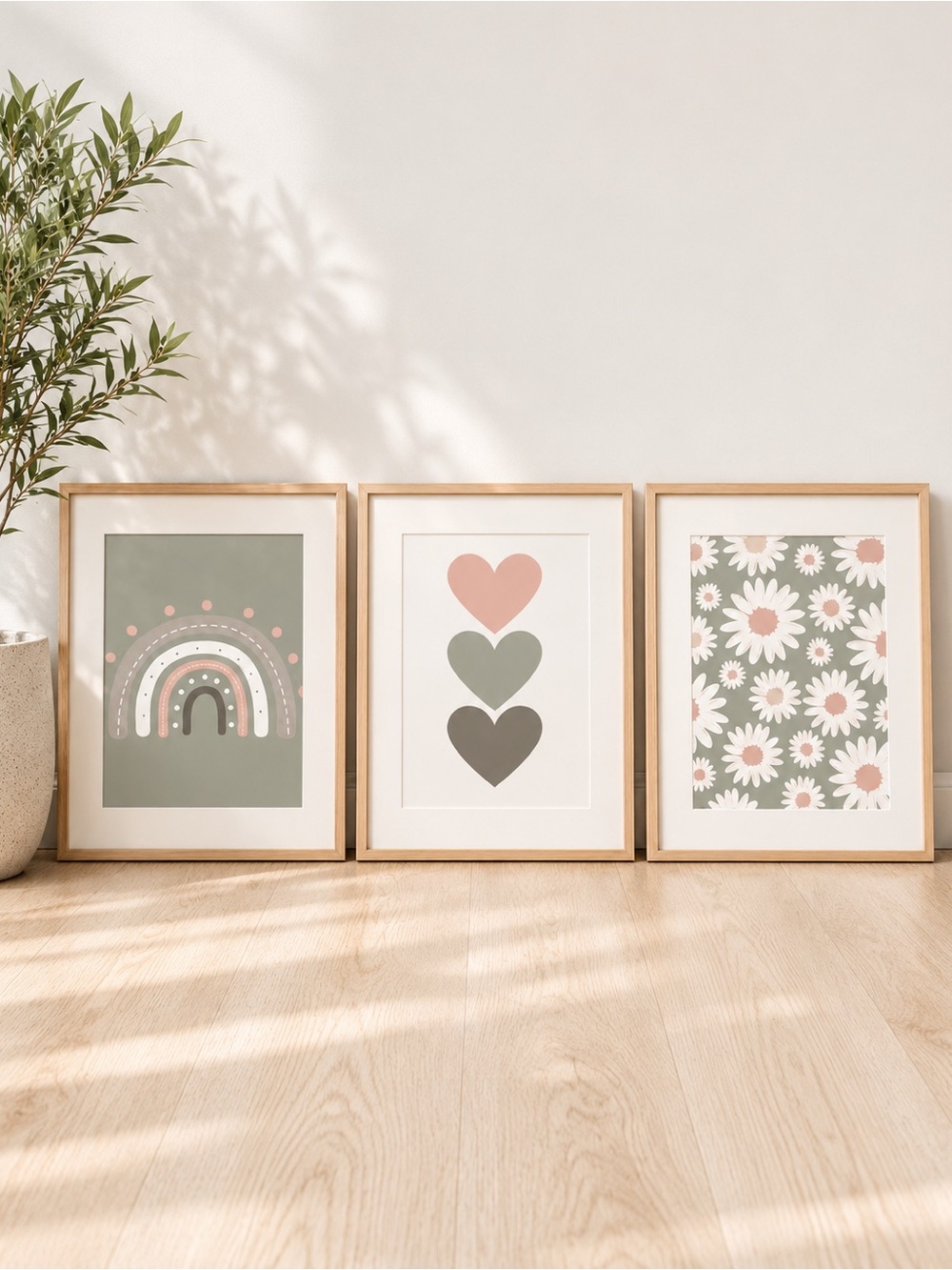 Neutral Framed Canvas Green and Blush Heart & Daisy Wall Art Set - Home Art